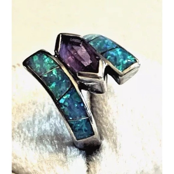 925 Silver Synthetic Blue Opal & Amethyst Ring ~ Signed CO ~ Size 6 - Picture 3 of 6